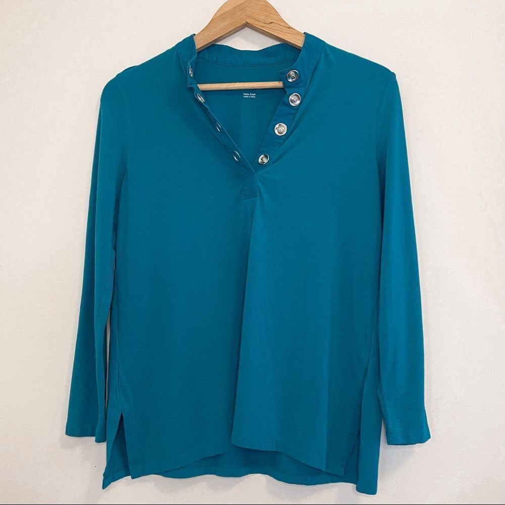 Soft Surroundings Teal V-Neck Button Blouse Size Small Petite
